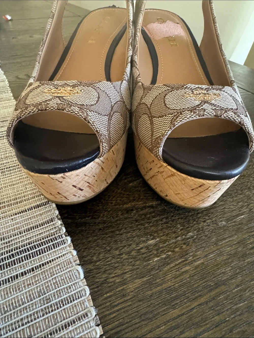 COACH Brown Signature Canvas Peep-Toe Slingback Wedges - Picture 5 of 9